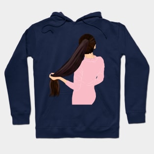 Cute Girl hiding face holding pony tail Hoodie